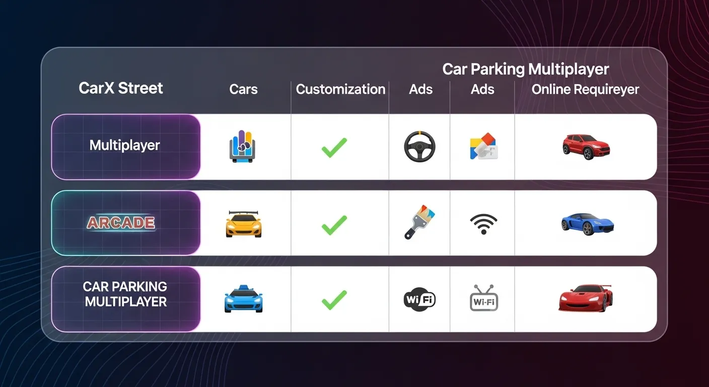 CarX Street vs Car Parking Multiplayer features table multiplayer cars customization ads online