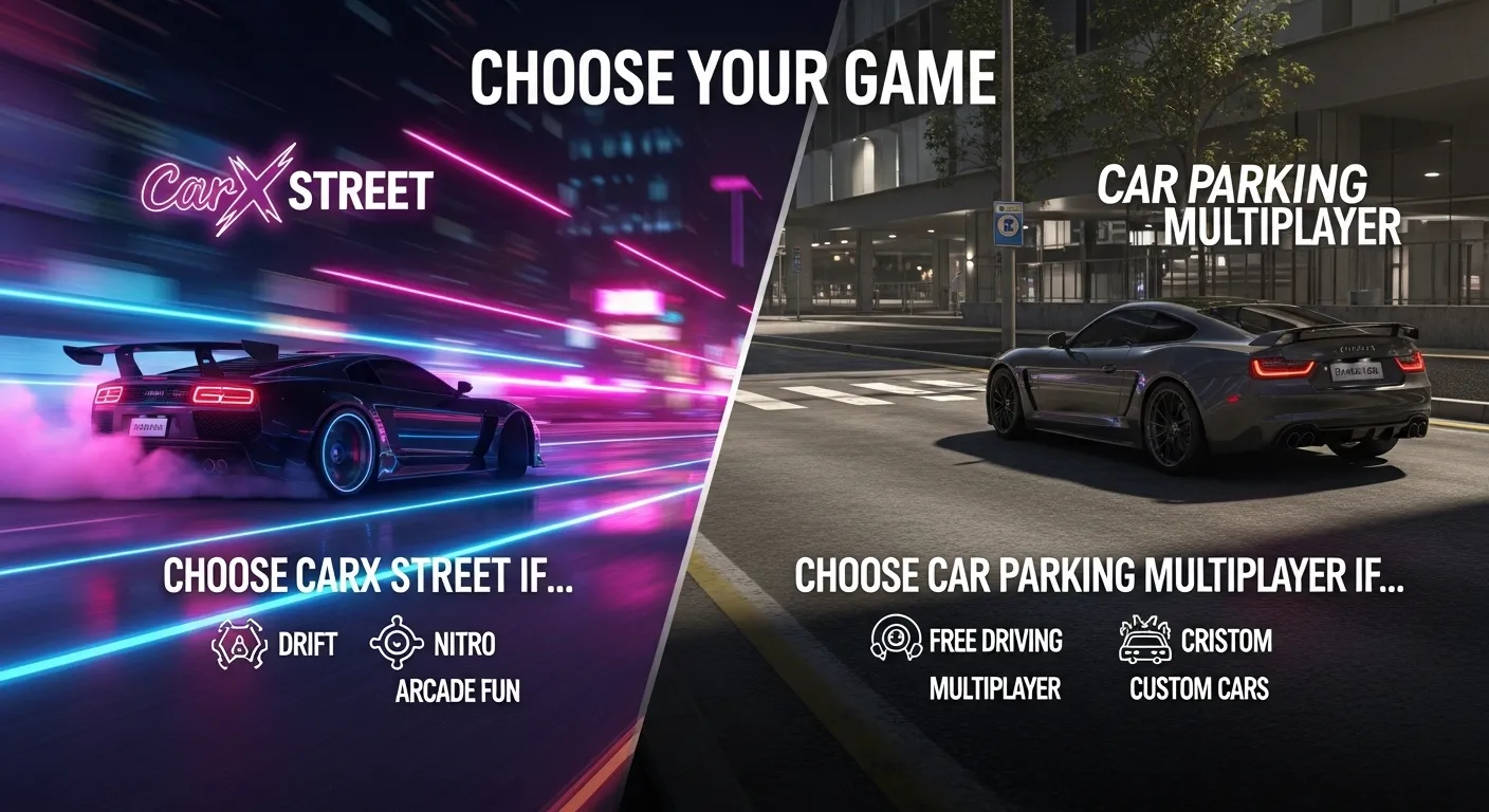 Choose CarX Street or Car Parking Multiplayer based on drift and online needs